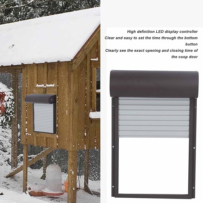 Automatic Chicken Coop Door, LED Display Controller Solar Powerd Metal Rolling Curtain Chicken House Door with Timer for Chicken Duck Poultry