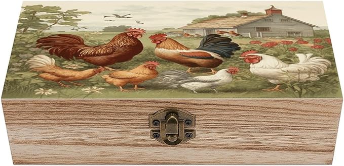Chickens And Farm Wooden Storage Boxes with Hinged Lid Beautifully Keepsake Boxes Wood Jewelry Box Jewellery Organiser & Trinket Holder Gift for Men & Women 7.9" X 3.9" X 2.3"