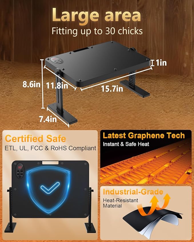 Chick Brooder Heating Plate with 86–194℉ Adjustable Temp, 12H Timer, Adjustable Height & Angle, 200W Rapid Heating Brooder Heater with Remote, 16"x12" Fits 30 Chicks, Ideal for Ducklings, Quail