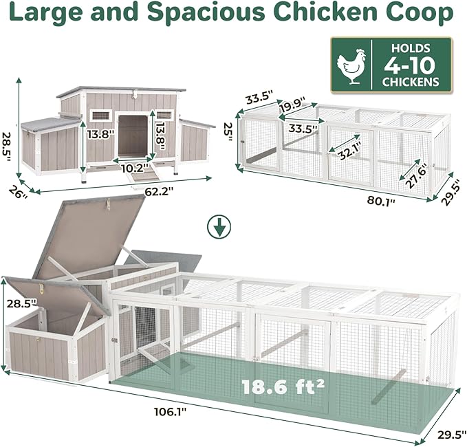 PetsCosset 106" Chicken Coop with Run, Large Chicken Tractor Outdoor Hen House for 2-6 Chickens with 4 Nesting Boxes, 4 Roosting Bars, Openable Roof, Fun Swing Pull-Out Tray for Farm Yard