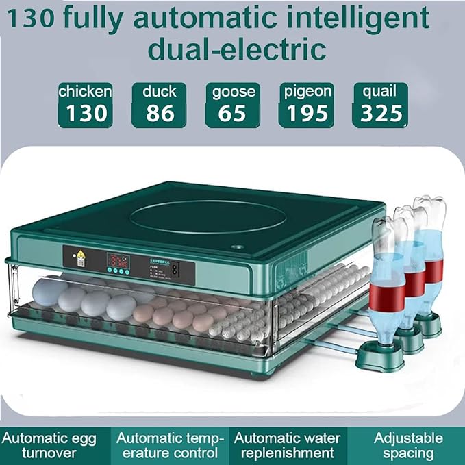 36 48 56 64 98 130 Egg Incubator,Poultry Hatcher,Digital LED Display, Auto Egg Turning+Automatic Hydration+Temperature Control,with LED Egg Light,130-eggs