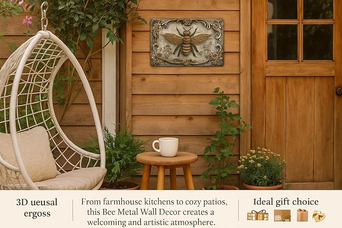 Vintage Bee Metal Tin Sign Wall Art, 3D Embossed Iron Hanging Decor, Indoor Outdoor Use for Home Bedroom Restaurant Bar Cafe School Library Door Garage Decor - Pack of 1, 12x8 Inch