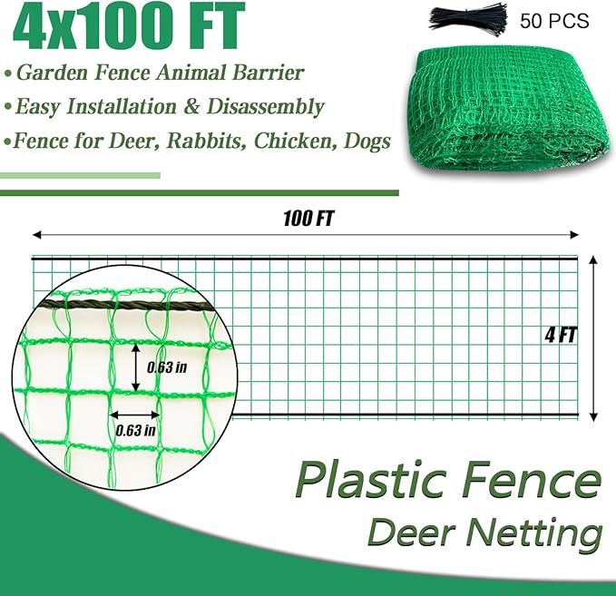 Temporary Fence Plastic Mesh Fencing, 4FT x 100FT Garden Bird Netting Safety Fence Snow Fence, Construction Fencing for Deer, Pet, Rabbits, Chicken, Dogs, Animal Barrier, Green