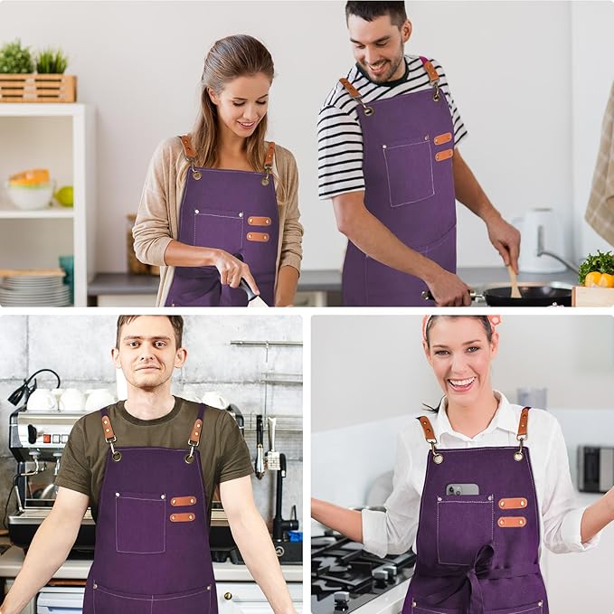 Chef Apron for Men Women Canvas Aprons with 3 Pockets Cross Back Resistant Work Apron for Cooking