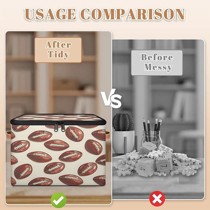 Storage Cubes with Lid Fabric Storage Bins Boxes PU Leather Handles, Sports Rugby Closet Organizer Container Foldable Washable Shelf Cloth Basket, Rugby Balls