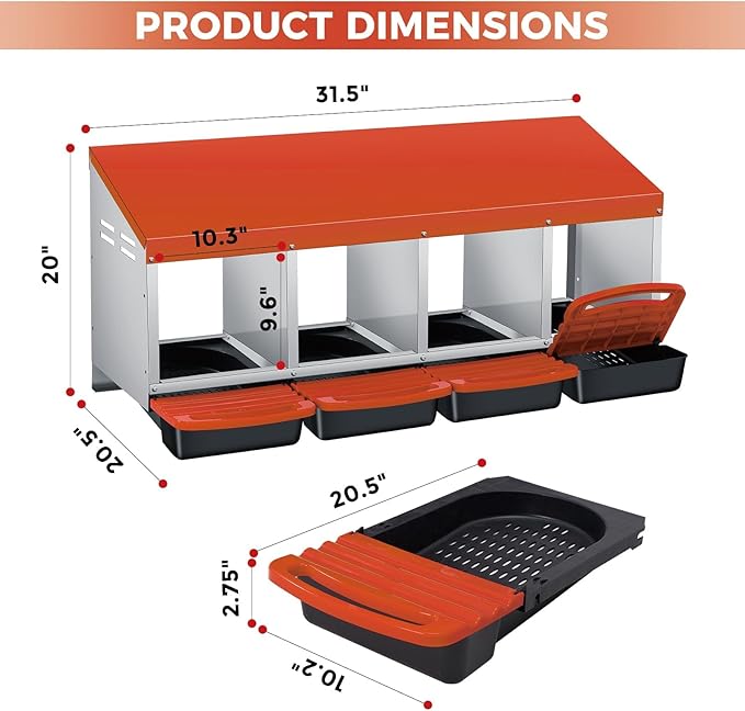4 Compartment Metal Chicken Nesting Box, Automatic Roll-Out Egg Collection, Waterproof Galvanized Steel Laying Box with Perch & Wall Mount, for Hens Ducks Rabbits