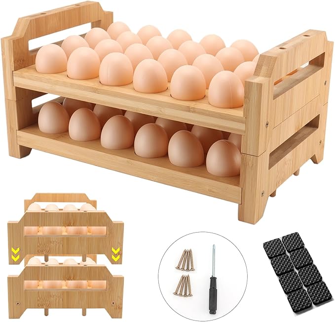 48 Egg Holder Countertop 2-Tier Stackable Bamboo Egg Tray with Anti-Slip Pads/Ventilation Design, Fresh Eggs Storage Organizer for Chicken/Duck/Turkey Eggs