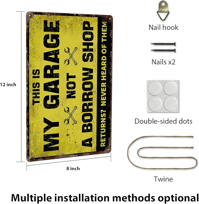 Vintage Garage Metal Wall Sign, Rustic Decor, 12x8 Inches, Retro Tin Sign for Garage, Warehouse, Studio, Antique Style Decorative Iron Plate, Man Cave Gifts,Father`s day gifts