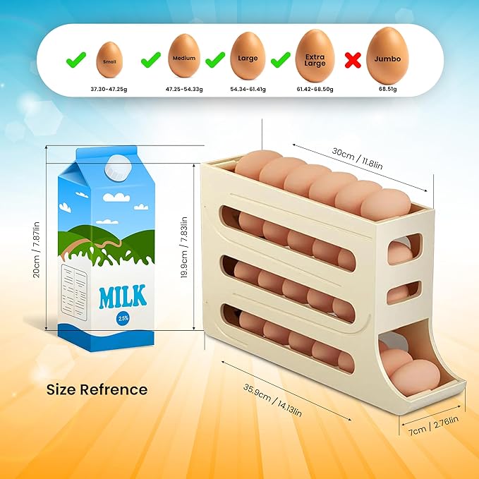 ZAYLAN Egg Holder for Fridge, Auto Rolling Egg Roller/Dispenser/Organizer/Storage Container, Space-Saving 4-Tier Egg Tray for 28 Eggs, Refrigerator, Kitchen & Countertop with Flower Egg Cutter (Cream)
