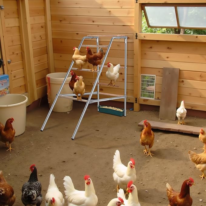 VINGLI Chicken Roosting Bars for Coop, Chicken Perches with Swing and Removable Food Box, Chicken Ladder Toys for Backyard Farms (19.3" L x 42.0" W x 39.4" H)