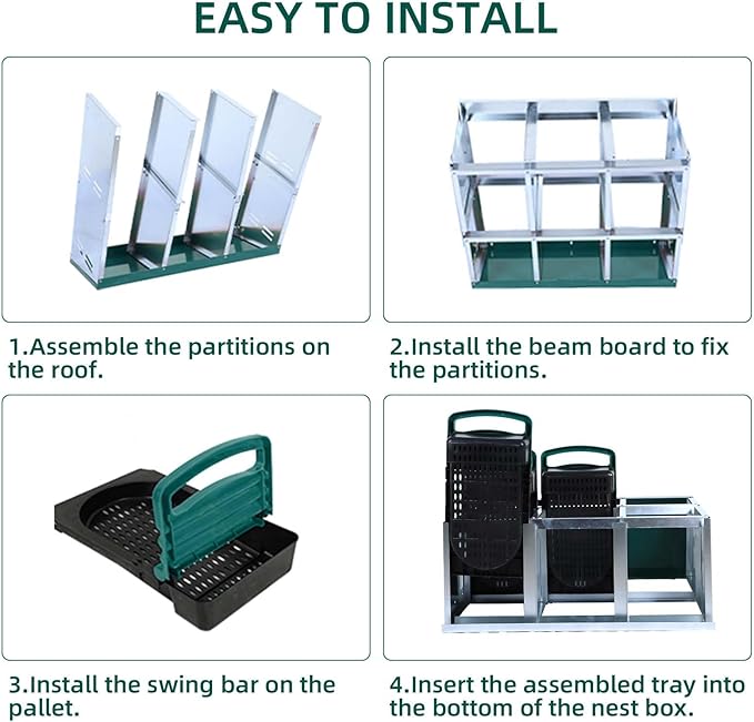 6-Compartment Roll-Away Metal Chicken Nesting Box – Durable Hen Laying Box with Protective Lid, Easy Egg Collection, Stand with Bracket Legs for Coops, Green