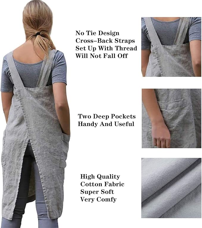 Cotton Linen Apron Cross Back Apron for Women with Pockets Pinafore Dress for Baking Cooking