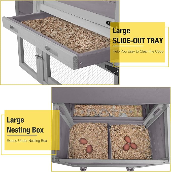 Aivituvin Mobile Chicken Coop with Wheels for 4-6 Chickens, Backyard Expandable Chicken House Duck Cage with Run, 2 Nesting Boxes, Easy Clean Pull-Out Tray, Leak-Resistant Asphalt Roof, 82.4"(Grey)