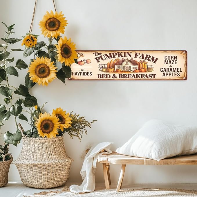 Rustic Pumpkin Farm Bed & Breakfast Metal Sign - Autumn Wall Decorative Sign - Pumpkin, Maple Leaf Design, 16x4 Inch, Vintage Sign for Kitchen, Baking Room, Farmhouse Decor, Thanksgiving Day Decor