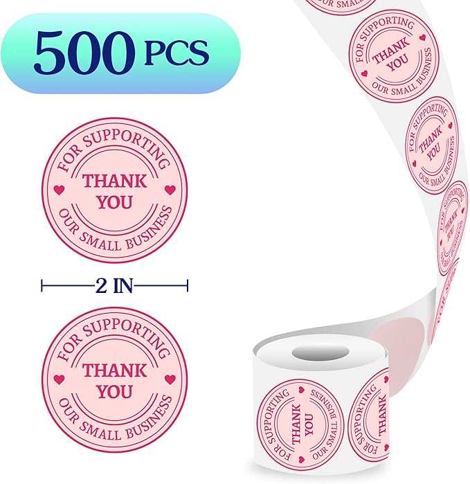 500 Pcs Thank You Stickers for Small Business Pink Cute, 2 Inches Self-Adhesive Elegant Round Seal for Envelopes, Party Favor