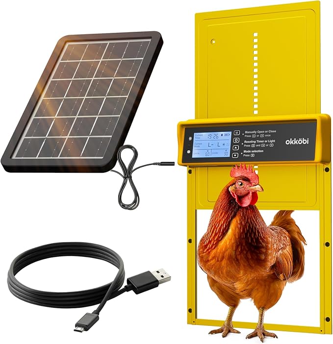 Okkobi Automatic Chicken Coop Door Solar Powered - LCD Display - Chicken Coop Door with Remote Control, Light Sensor & Timer - Security & Peace of Mind: Anti-Pinch Function - 5-Year Protection