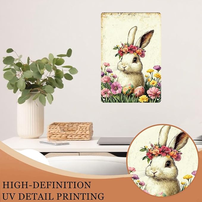 Fun Easter Bunny and Flower Tin Signs Easter Metal Decorations for Hallways Homes Living Rooms Gardens 8X12Inch