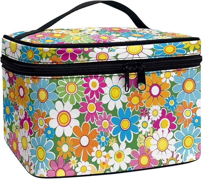 Retro 70S Colorful Hippie Flower Print Travel Makeup Bags for Women Portable Tote Cosmetic Case with Carry Handle Toiletry Accessories Storage Organizer Bags