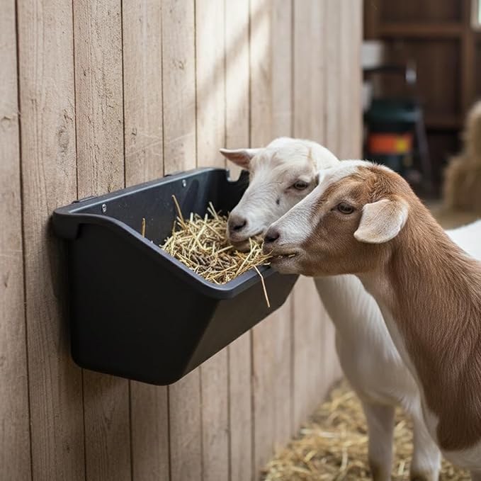 2 Pack Hanging Goat Feeder & Duck Feed Trough, 5 Qt Fence Mounted Livestock Manger – Heavy Duty Plastic Mineral Bucket & Waterer for Sheep, Piglets, Deer & Poultry