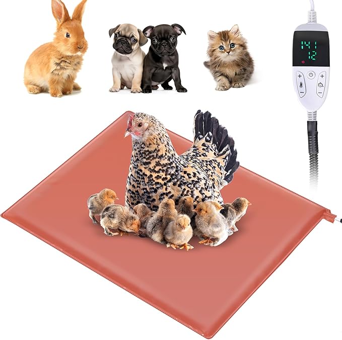 Large Chicken Heating Pad Chick Brooder Small Animal Pet Heating Pad Waterproof Heated Pet Mat Adjustable Temperature & Timer, Chicken Heater (15.7 x 23.6in)