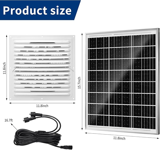 High-Speed Solar Attic Fan Kit, 2pcs 20W Solar Panels + 25W DC Fan (Max 1500RPM), Plug and Play, for Attic, Roof Vent, Greenhouse or Chicken Coop