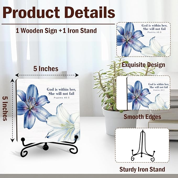 Religious Gifts for Women, 5 Inch Blue Floral Bible Verse Decor, Inspirational Wooden Plaques for Home Office, God Is Within Her She Will Not Fail Sign - A08