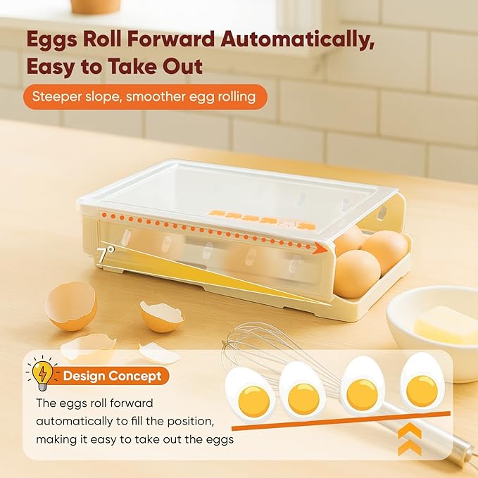 Automatic Rolling Egg Holder for Refrigerator, 1-Pack Stackable Egg Storage Containers, Smooth Glide Track, Steady Base & Dishwasher Safe