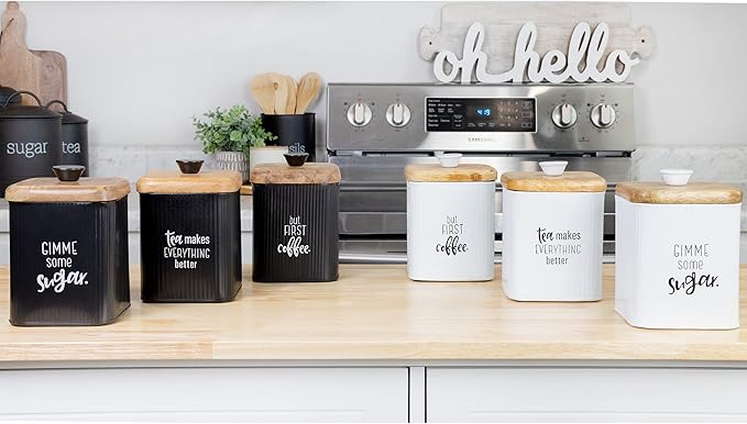 AuldHome Design Farmhouse Black Enamelware Canisters (Set of 3); Storage Containers for Coffee, Tea and Sugar in Black Enamel and Wood Design
