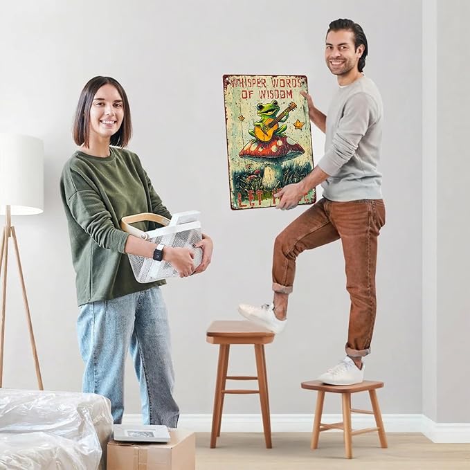Funny Frog Tin Sign Whisper Words of Wisdom Let It Be Vintage Sign Mushroom Sign Hippie Inspirational Quotes Tin Sign for Family Friends Colleagues 8X12Inch