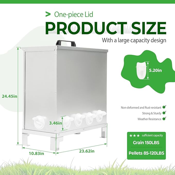 Automatic Metal Chicken Feeder 150LBS Large Capacity Weatherproof Animal-Proof Poultry Feeder No Waste 10-Port for Chickens Geese Ducks Turkeys Quails Steel Plastic Silvery Galvanized