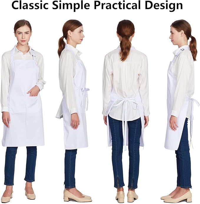 Jubatus 12 Pack 100% Cotton Aprons Bulk with 2 Pockets Cooking Chef Kitchen Adjustable Bib Apron for Women Men, White