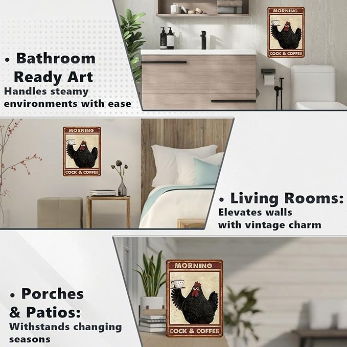 Funny Chicken Metal Signs Coffee Decor Morning Cock And Coffee Tin Signs Vintage Kitchen Metal Decor Rustic Wall Art For Home Farmhouse Coop Farm Poultry House Cafe Bar Office 16 * 12 In