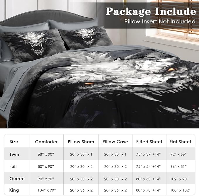 Comforter Set King Size, Dragon Gray 7 Pcs Bedding for Kids and Adults, Dark Black Gray Bed Sheet Sets with Fitted Sheet 2 Pillowcases & 2 Shams for Bedroom Bed Decor