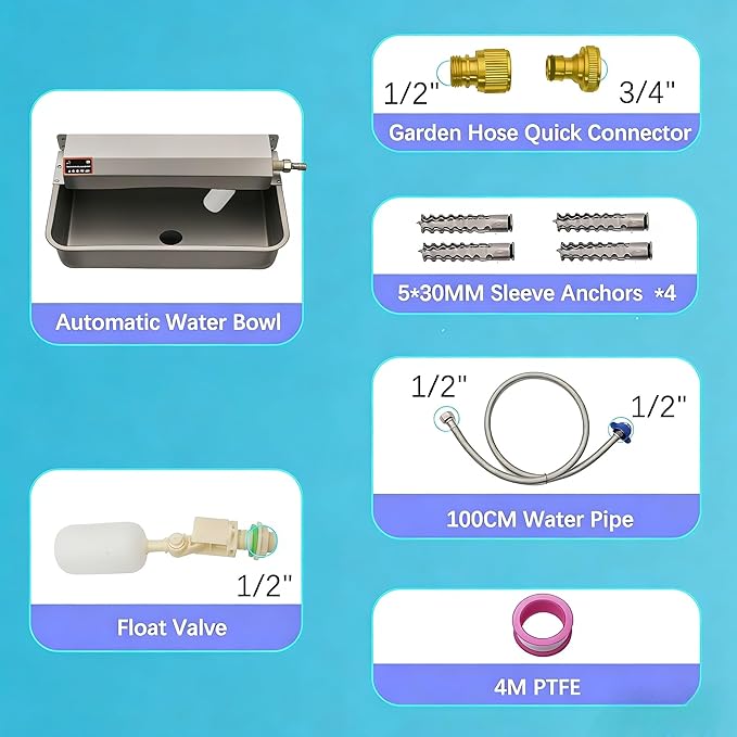 Automatic Dog Water Dispenser with Drain Hole, 304 Stainless Steel Auto Water Dog Bowl with Float Valve, Hose Quick Connect Fitting, Automatic Livestock Waterer for Horse, Chicken (2 Gallon)