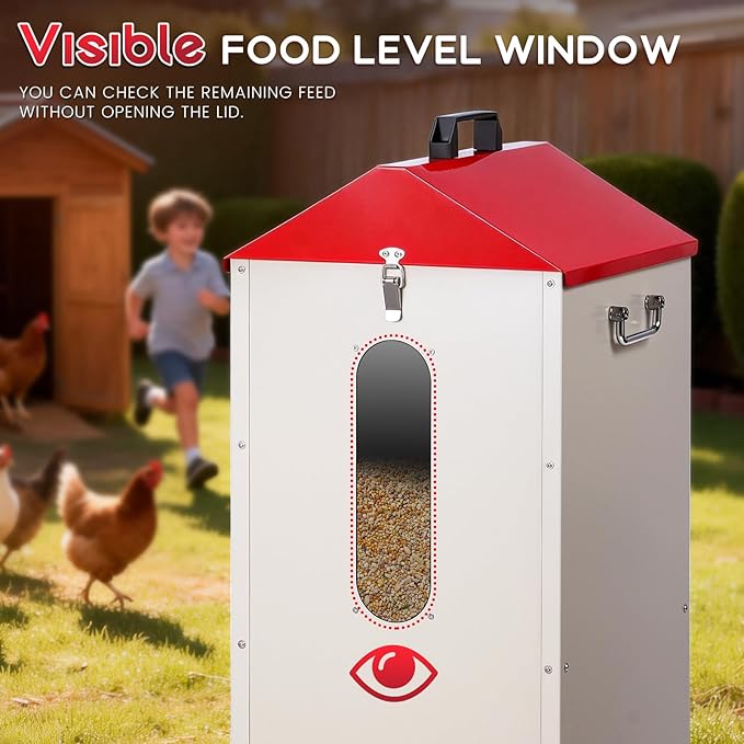 70-85lbs Automatic Chicken Feeder No Waste Gravity Poultry Feeder with 16 Ports and Visible Feed-Level, Chicken Food Dispenser for Duck, Goose, Turkey