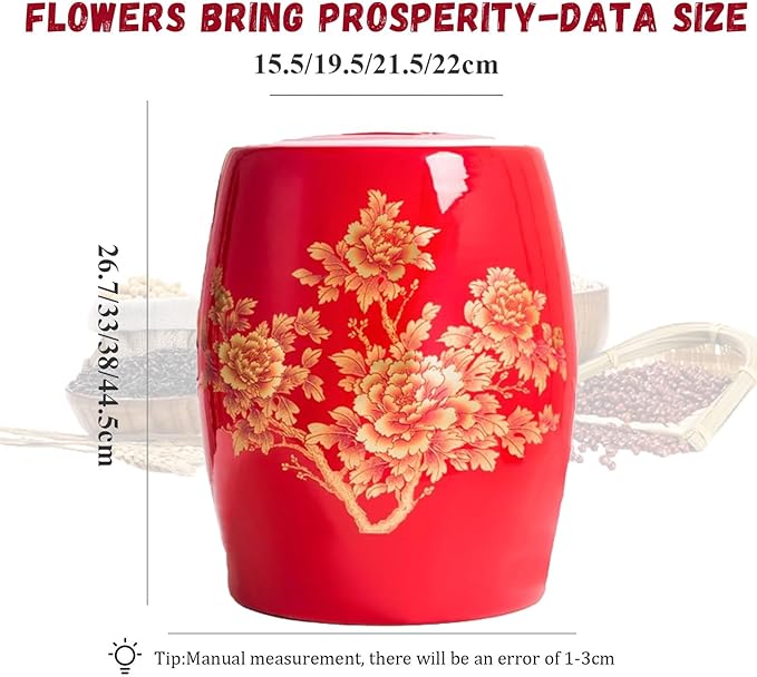 Ceramic Rice Storage Container, Large Ceramic Jar for Rice, Ceramic Rice Bucket with Lid Dispenser, Airtight Grain Storage Bin, Porcelain Kitchen Storage Box, Sealed Storage for Flour, Tea, Nuts(Red B