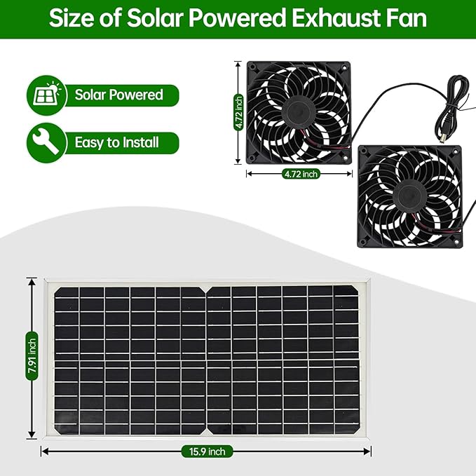 20W Solar Exhaust Fan for Chicken Coop, Sheds, Greenhouses, Dog Houses, Windows, Attics, Solar Powered Fan with Metal Frame, Easy Plug and Play Installation