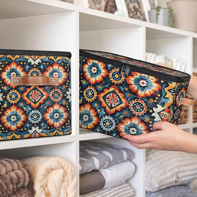 Retro Boho Ethnic Storage Bins with Zipper Lid Fabric Storage Containers for Clothes Collapsible Closet Storage Basket with Metal Frame 2 Pack