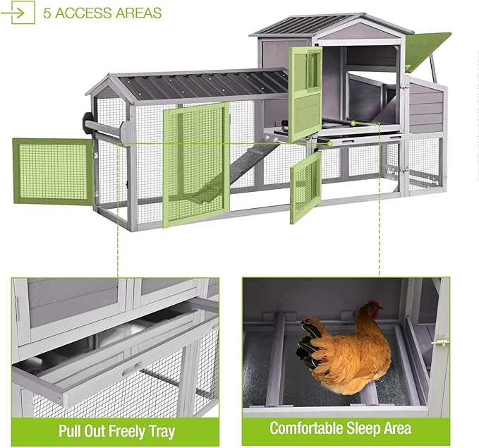 GUTINNEEN Chicken Coop 80in Mobile Chicken House with Run Portable Wooden Poultry Cage with Nesting Box Rabbit Hutch on Wheels,Movable