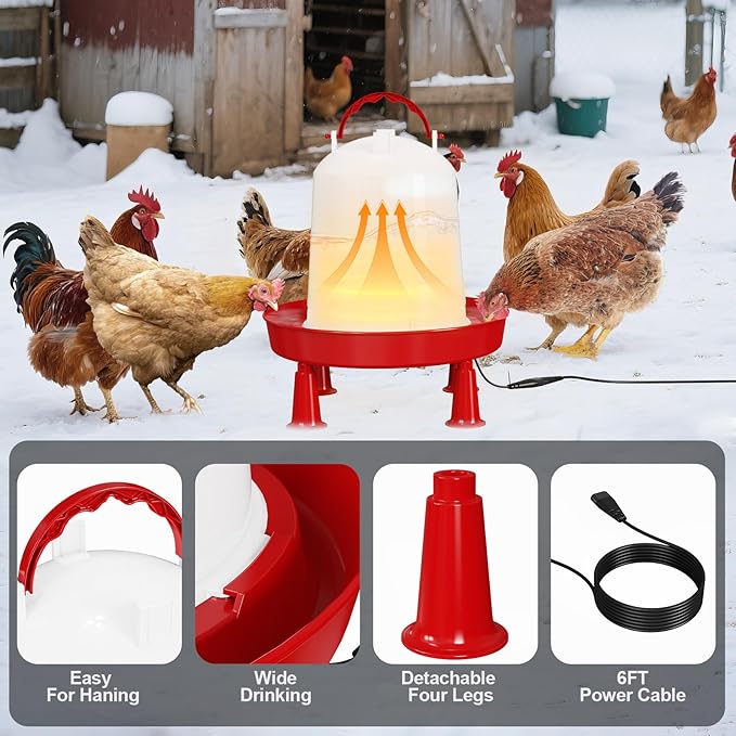 3/6 L Heated Chicken Waterer for Winter Auto-Fill Chicken Water Heater with Leg Support,35W BPA-Free Heating Poultry Waterer No Waste Heated Watering System for Chicken Coop (6L)