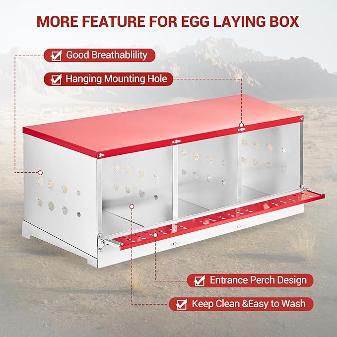 Metal Chicken Nesting Boxes - 3 Hole Wall-Mountable Laying Boxes with Roll-Away Egg Collection, Weatherproof Galvanized Steel, for Chicken Coop, Red
