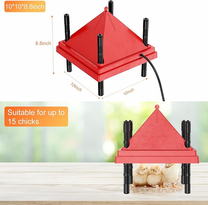 Brooder Plate for Chicks with Anti-Roost Cone, Chick Brooder Heater Red 10" x 10" with Constant Temperature