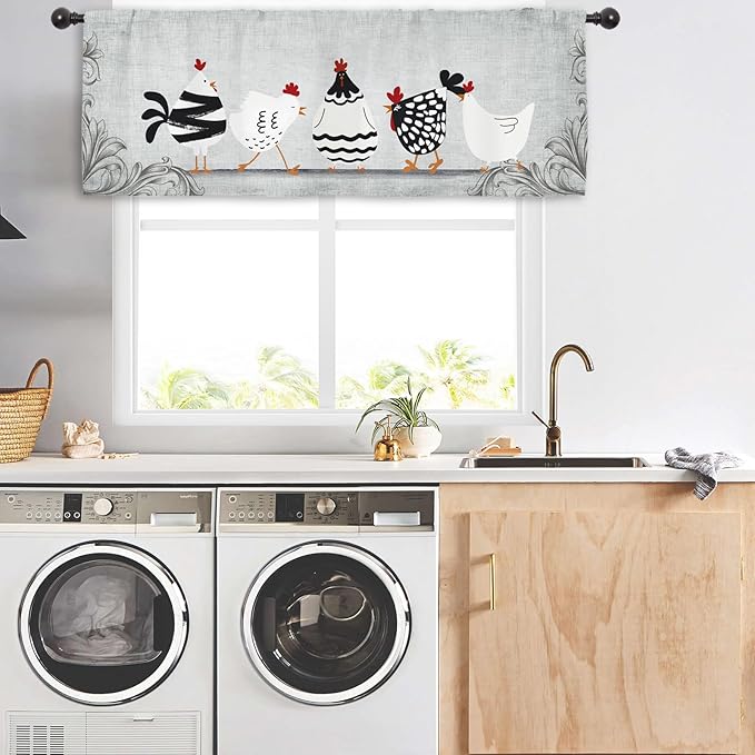 Miyotaa Rooster Chicken Kitchen Curtain Valance 54W x 18H Rod Pocket Vintage Farmhouse Rustic Retro Farm Country Rural Window Treatment for Living Room Bedroom Bathroom