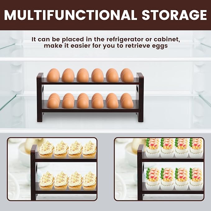 Wooden Egg Holder Countertop, 2-Tier 36-Egg Storage Rack, Farmhouse Egg Basket for Gathering Fresh Eggs, Egg Tray Storage Display Stand, Kitchen Counter Top Organizer for Chicken Duck Quail Eggs