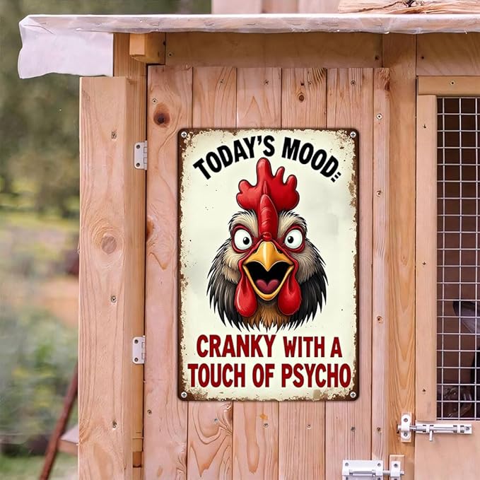 FunnySign Rooster Décor Today's Mood: Cranky With A Touch Of Psycho Rustic Tin Sign For Home Farm Chicken Coop Decor 8x12 Inch (9712)