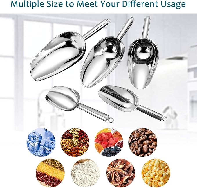 12 Ounce Ice Scoop Set of 2, E-far Stainless Steel Scoops for Ice Cube/Candy/Flour/Sugar, Metal Utility Scoops for Party, Baking, Kitchen Pantry, Rust Free & Dishwasher Safe