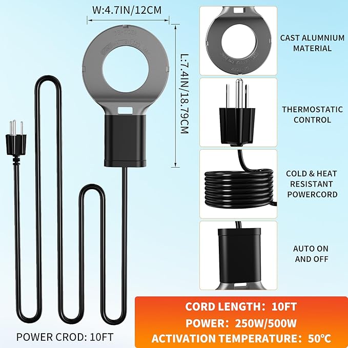 250W Utility De-Icer Submergible Cast Aluminum Chicken Water Heater for Livestock Tank Heater Bird Bath Heater in Winter
