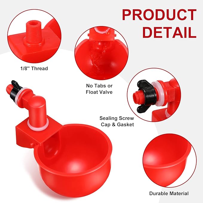 Patelai Chicken Water Cups, Chicken Waterer Cups Summer Water Feeder Cup 3/8 Inch Thread Automatic Filling Waterer Poultry Drinking Bowl for Duck Turkey Bunny(Red,24 Pieces)