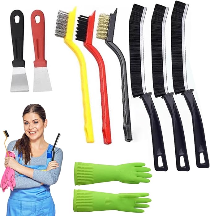 8Pcs Kitchen Crevice Cleaning Brush Set Grill Brush,Multi Purpose Hard Bristle Brushes,Scraper,Rubber Gloves for Deep Cleaning Gap,Car,Sink,Corners,Tight Spaces,Blender,Range Hood,Stove Clean
