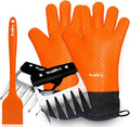 Walfos Silicone BBQ Gloves - Heat Resistant Grilling Gloves Set with Pork Shredder Claws & Brush, Non-Slip Kitchen Silicone Oven Mitt with Protective Cotton Layer, Suit for Indoor & Outdoor, Orange